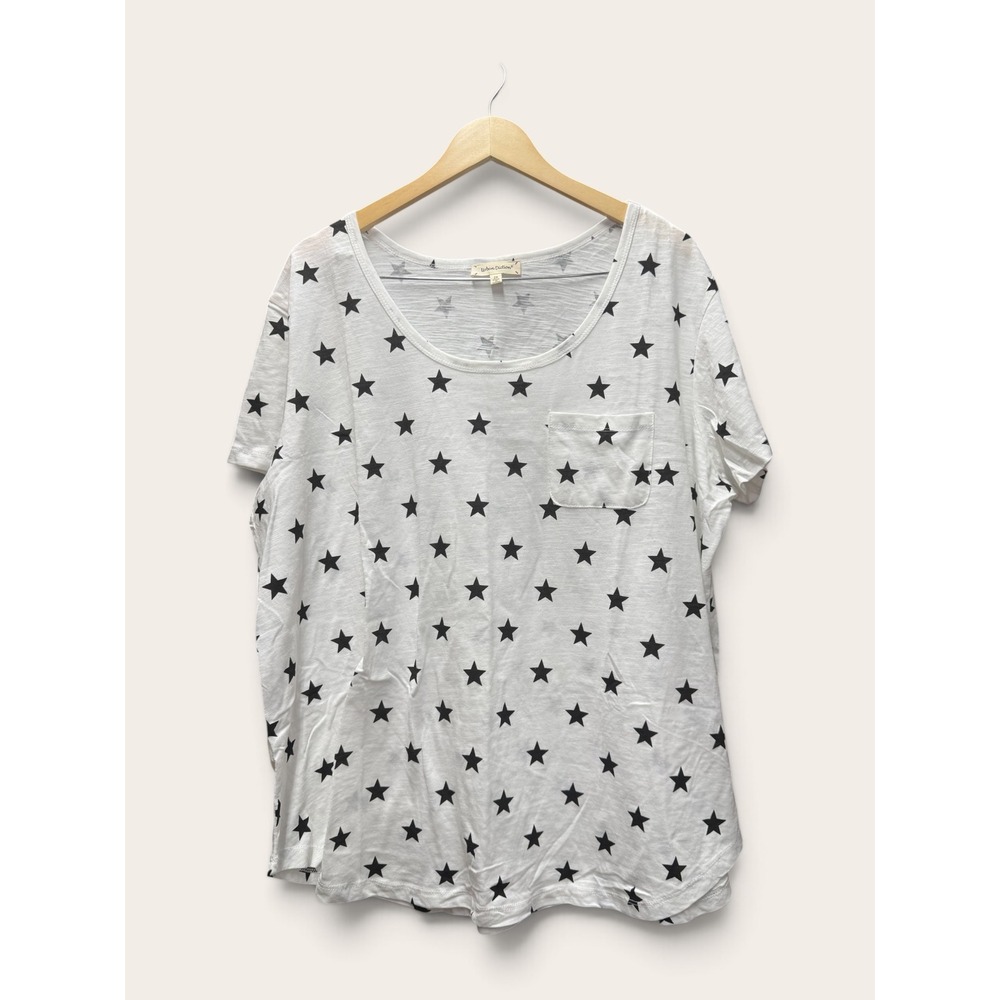 Urban Diction Womens 2X White Black Star Print Pocket T-Shirt Slub Knit Top